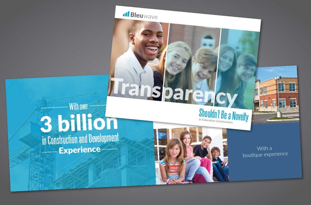 Cover and inside spread of a Bleuwave brochure titled Transparency.
