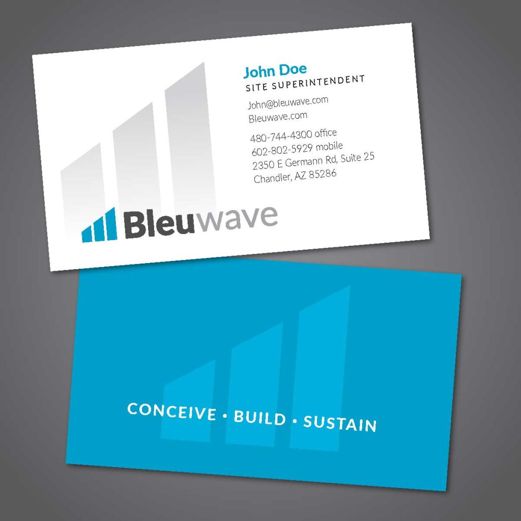 Business card front and back for Bleuwave.