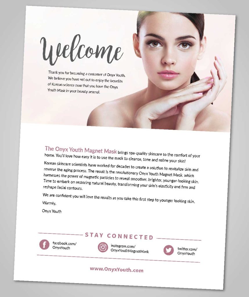 A welcome card for charcoal masks.