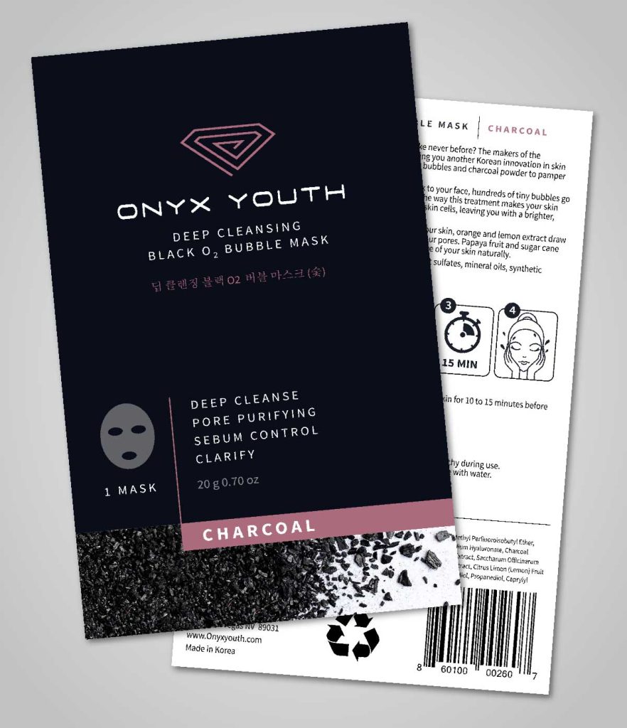 Packet packaging for charcoal mask.